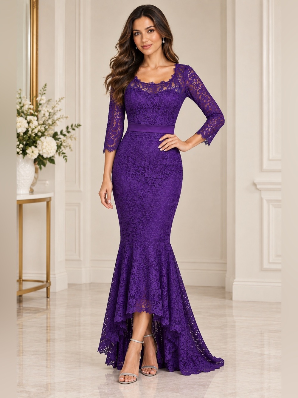 Purple Lace Mermaid Floor Length Formal Evening Dress Size M